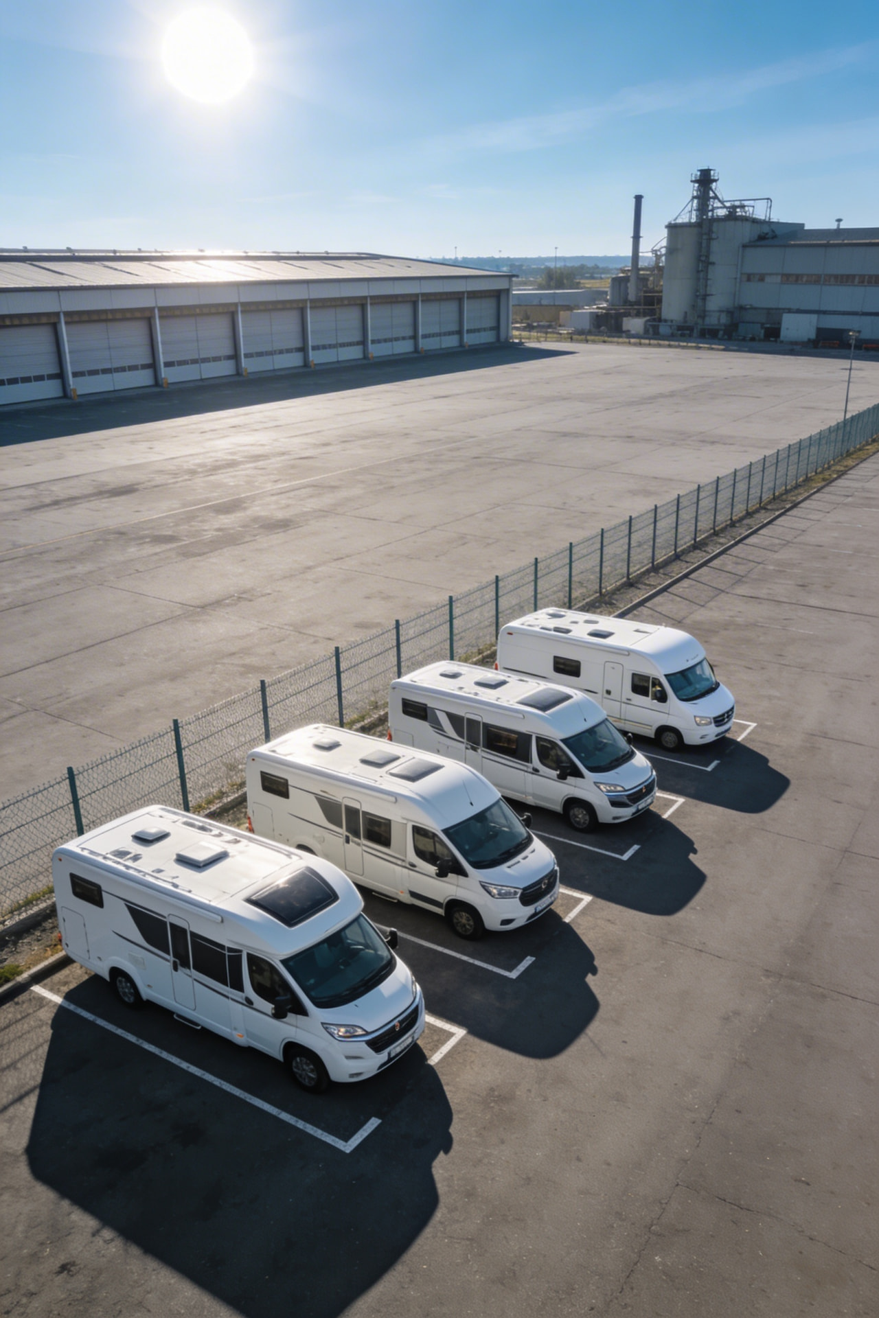 Wohnmobile auf dem eingezäunten Parkplatz des WoMoDepot