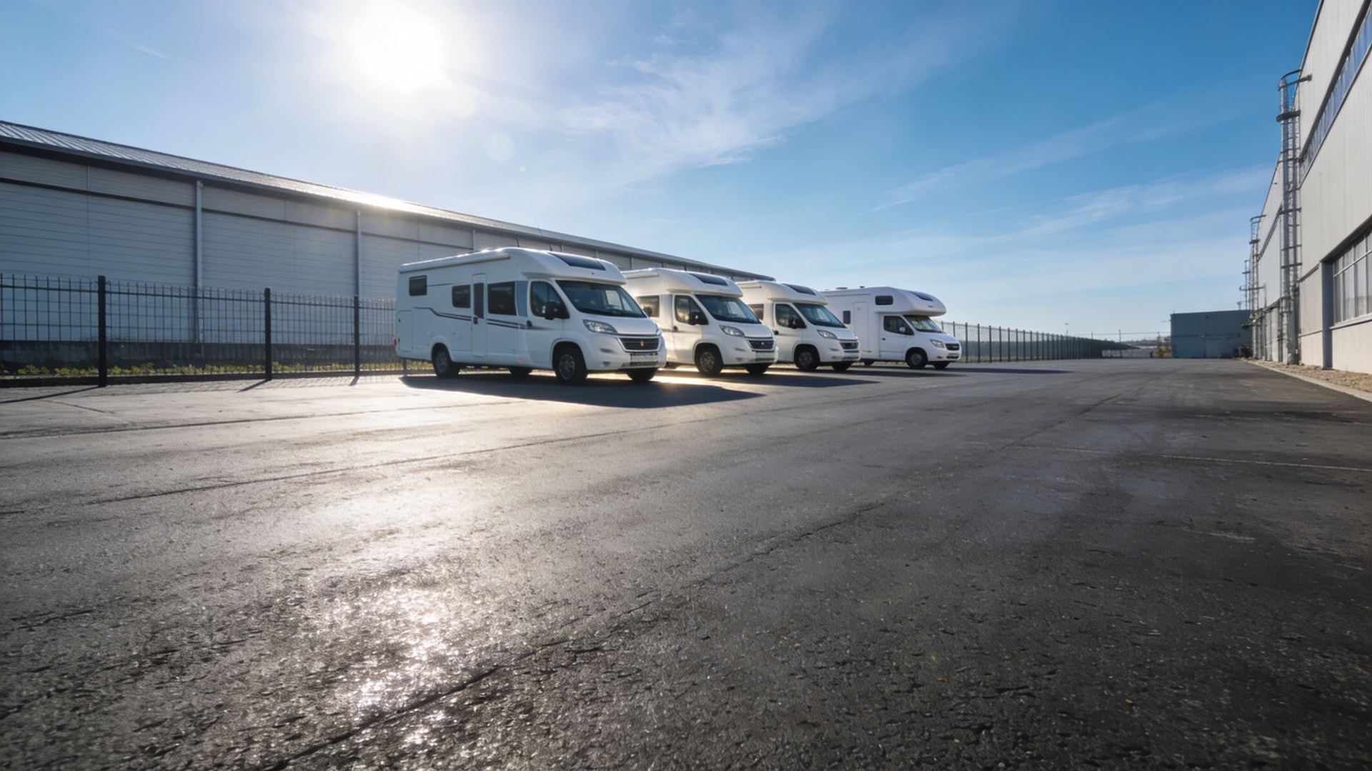 Wohnmobile, Anhänger und Wohnwagen auf dem Stellplatz des WoMoDepot Wiener Neustadt